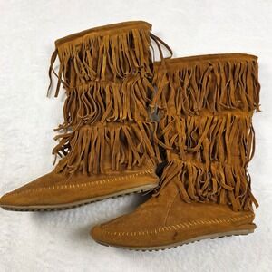 Nature Breeze Fringe Moccasin Boots Womens 9 Tan Excellent Boho Flat Mid Calf